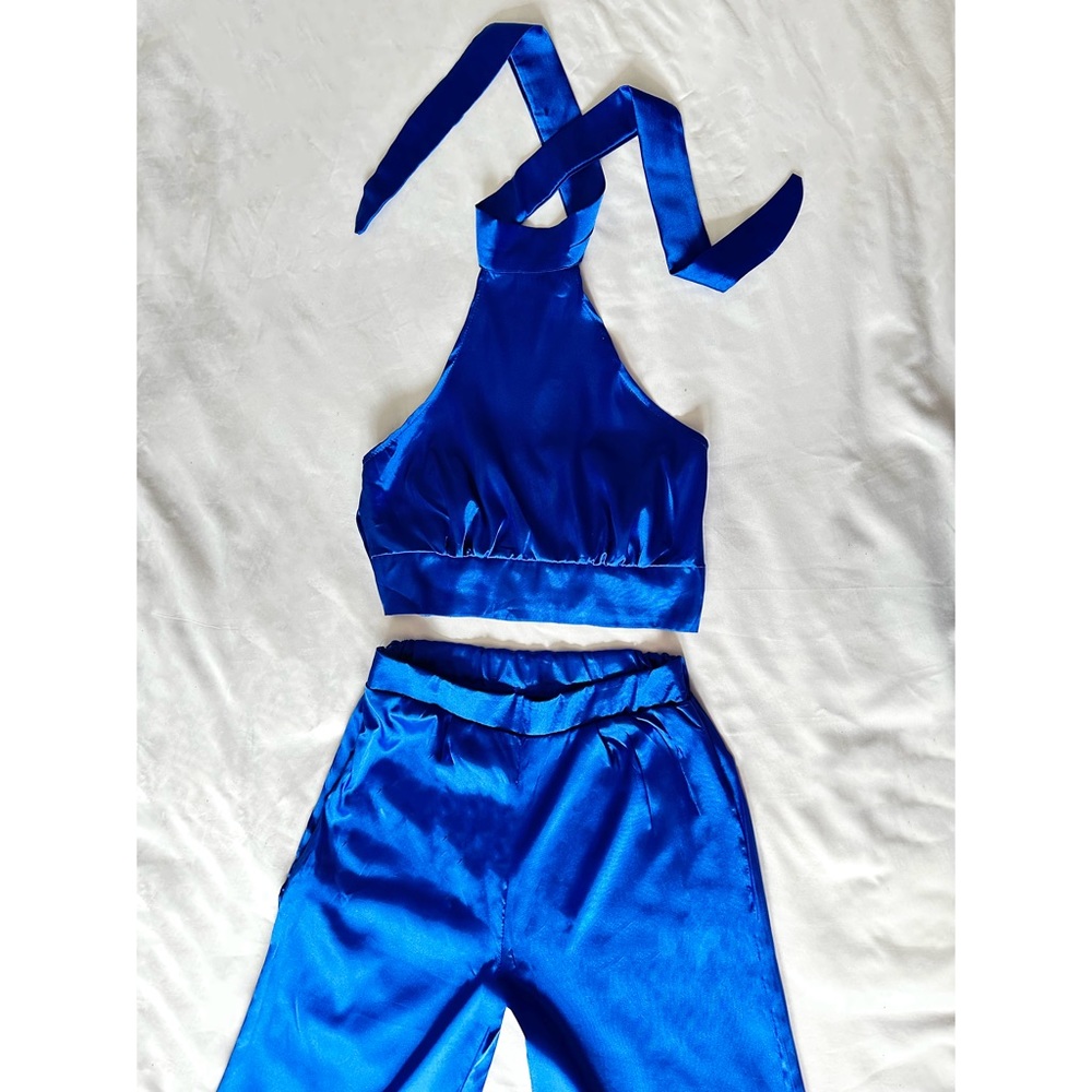 Blue Silky 2 Piece Jumper | Cropped Top | Palazzo Pants | Halter Tie Neck